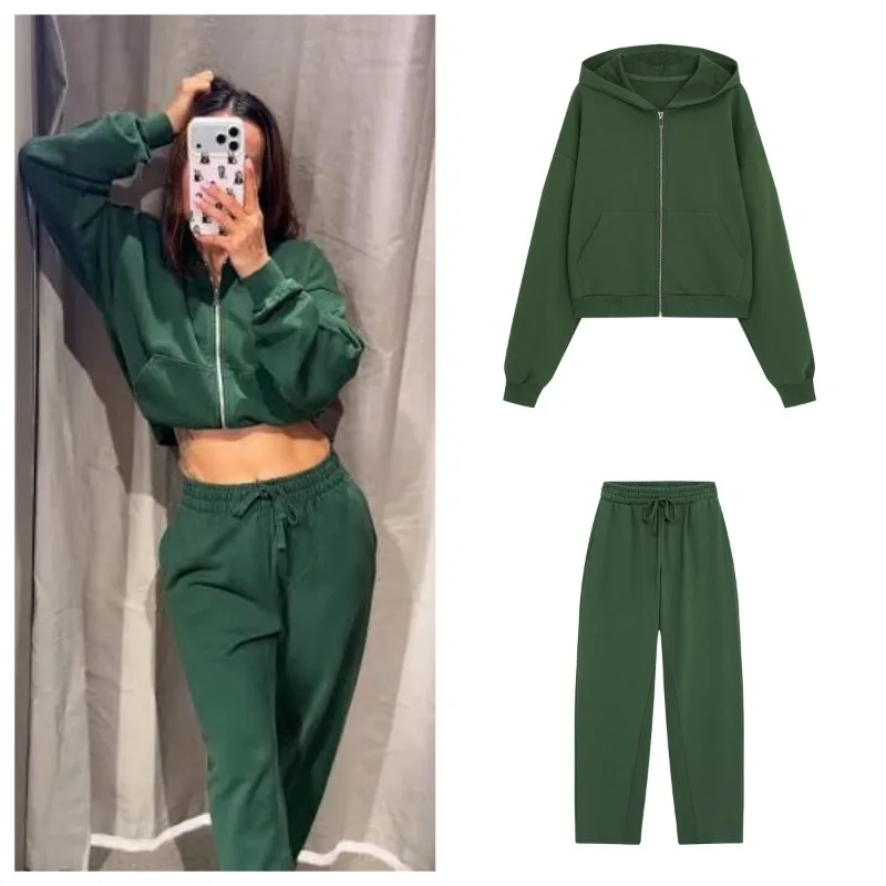 Guobioziy Washed Effect Zipper Hoodie and Pants Set for Women Classic Commuter Style Fashionable Two Piece