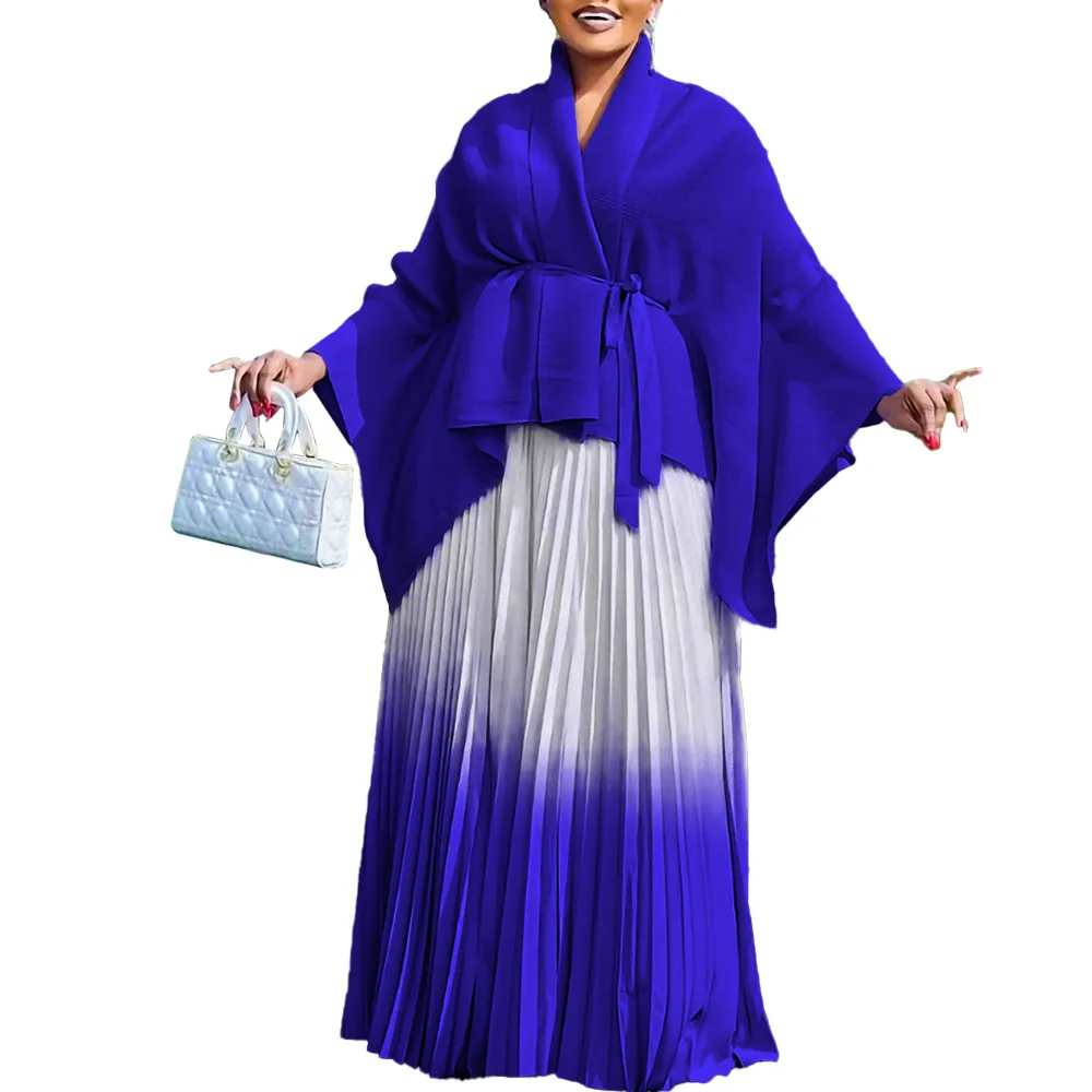 2PCS Elegant Africa Outfits For Wome Plus Size Gradient Color Kimono Tops Maxi Skirt Set Ankara Dashiki Evening Gown Kaftan Suit