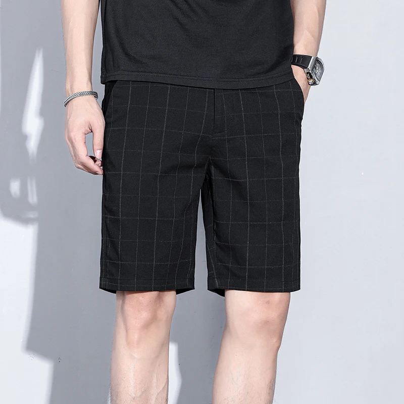 Sommer dünne karierte Streifen Shorts Männer Business knielange Hosen gerade Strand kurze Korea Mode graue Hose männliche Marke Kleidung