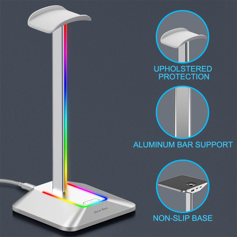 RGB Lights Headphone Stand With Type-C USB Ports Headphone Holder For All Headsets Gamers Gaming PC Earphone Accessories Desk