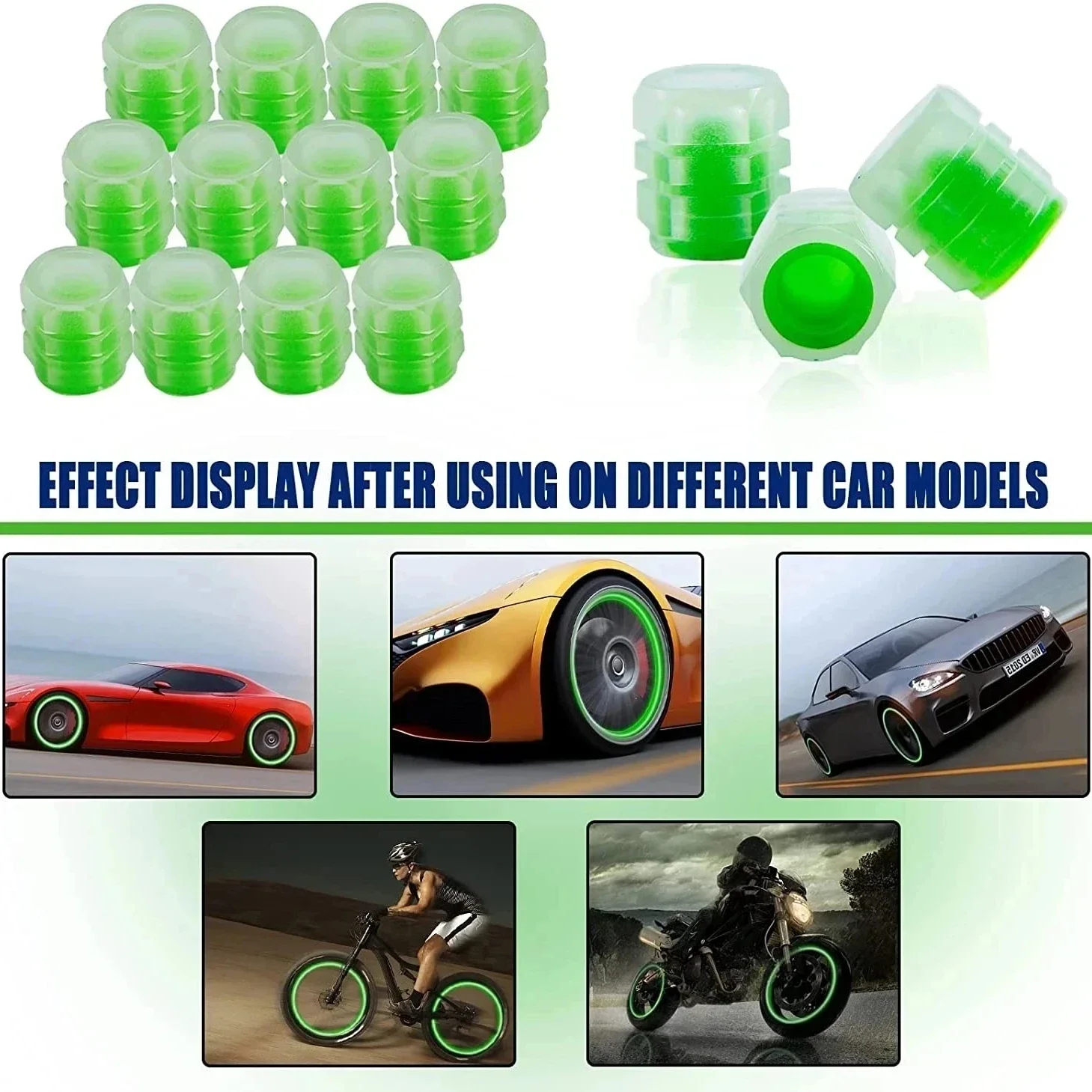 Motorcycle, bicycle wheel hub, valve cap, car luminous tire, valve cap, fluorescent green blue luminous view 3