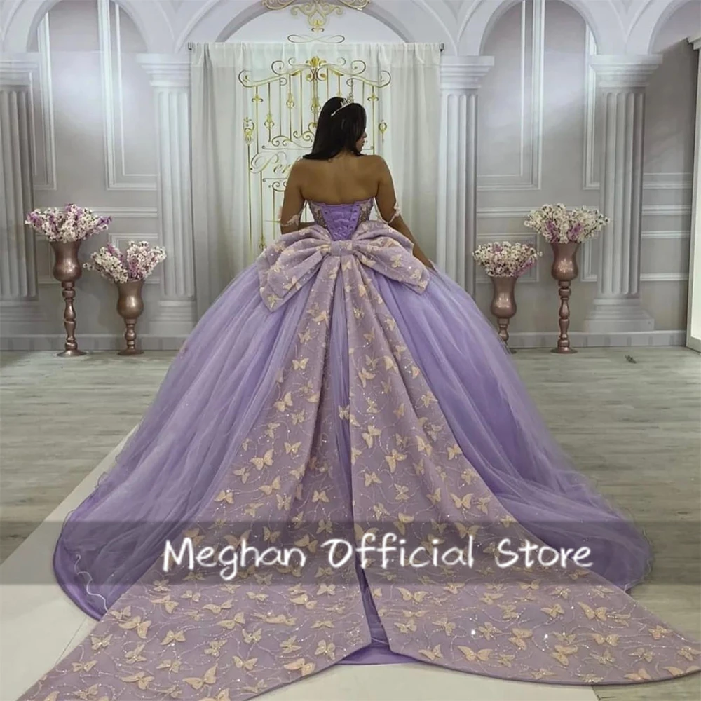 الضوء الأرجواني القوس فساتين Quinceanera فراشة الكرة ثوب حبة 3D زهرة اللباس المرأة أنيقة حزب الأميرة ثوب مخصص