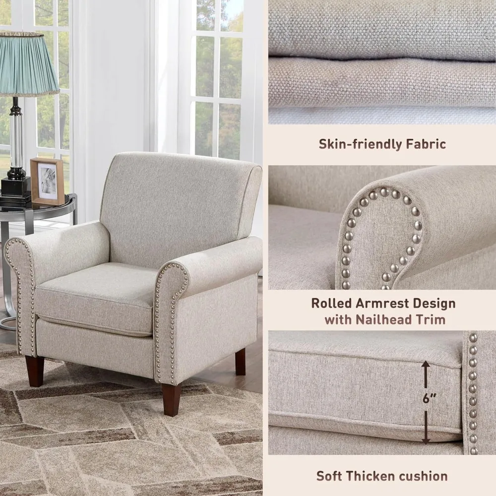 Большой удобный тканевый стул с акцентом для гостиной — мягкий диван с подушкой, свернутыми подлокотниками и отделкой гвоздями