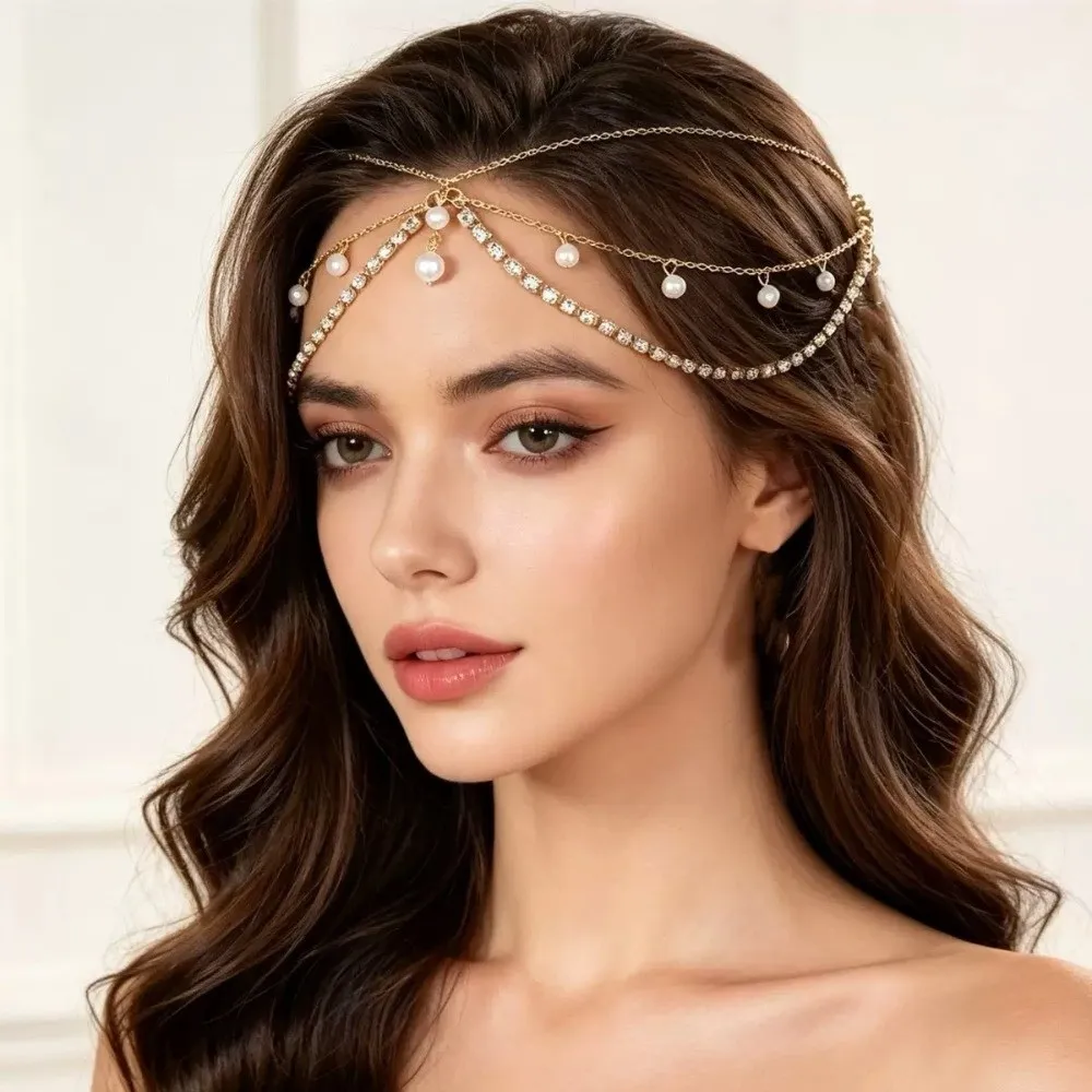 Rhinestone Embellishment Pearl Rhinestone Hairpin Chain Multilayer Vintage Exotic Style Forehead Chain Lightweight