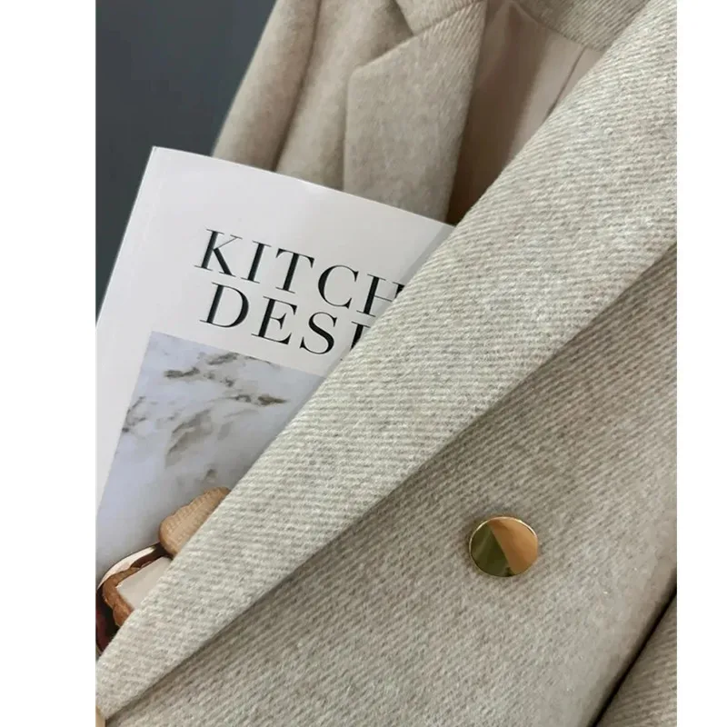 2026 Autumn Winter New Beige Metal button down Woolen Suit Jacket British style Medium length Female Casual Coat