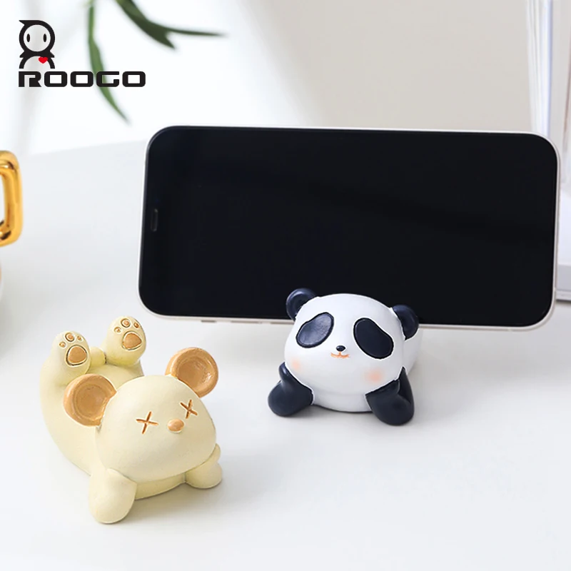 ROOGO Cartoon Rabbits Mobile Phone Holder Decorative Resin Miniature Figurines Funny Phone Holder For Desk