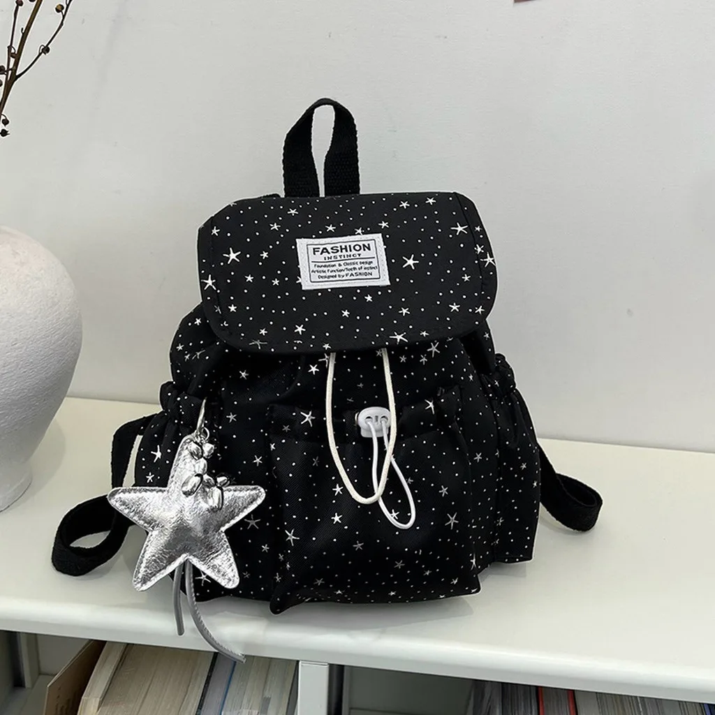 Women's Star Print Medium Canvas Flap Backpack Casual Adjustable Shoulder Daypack For Daily Commute Shopping Back To School Bag