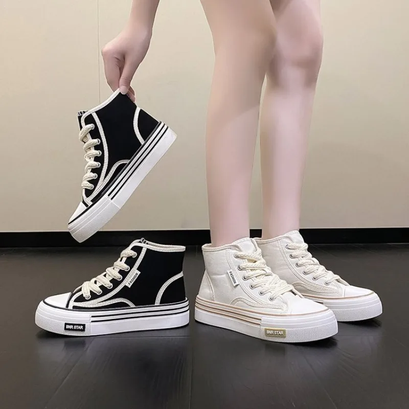 Women‘s Canvas Shoes 2024 Spring Autumn Student Fashion Casual Sneakers Girls Fashion Flats Woman High Top Vulcanize Shoes