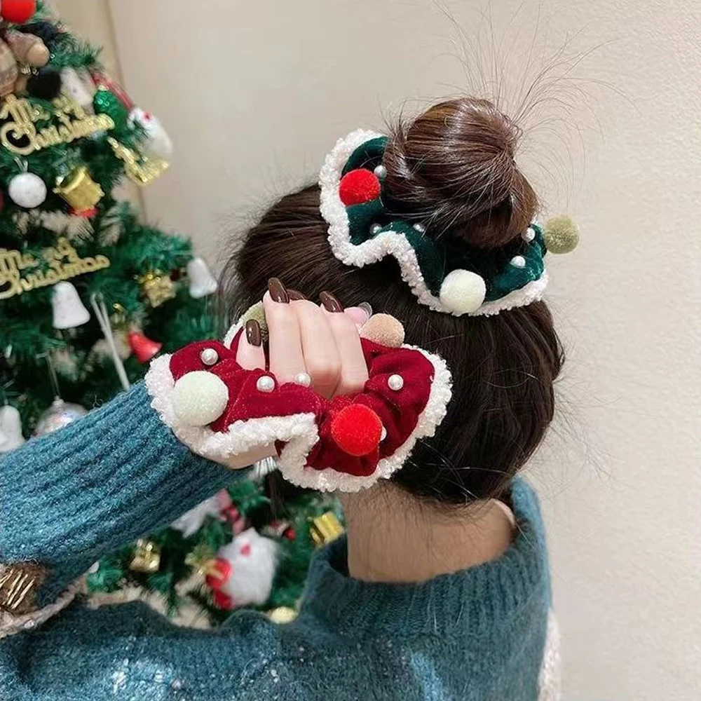 Ikat rambut Natal flanel musim dingin hiasan kepala mewah besar merah hijau ikat rambut elastis tinggi untuk anak perempuan ikat rambut wanita Scrunchies