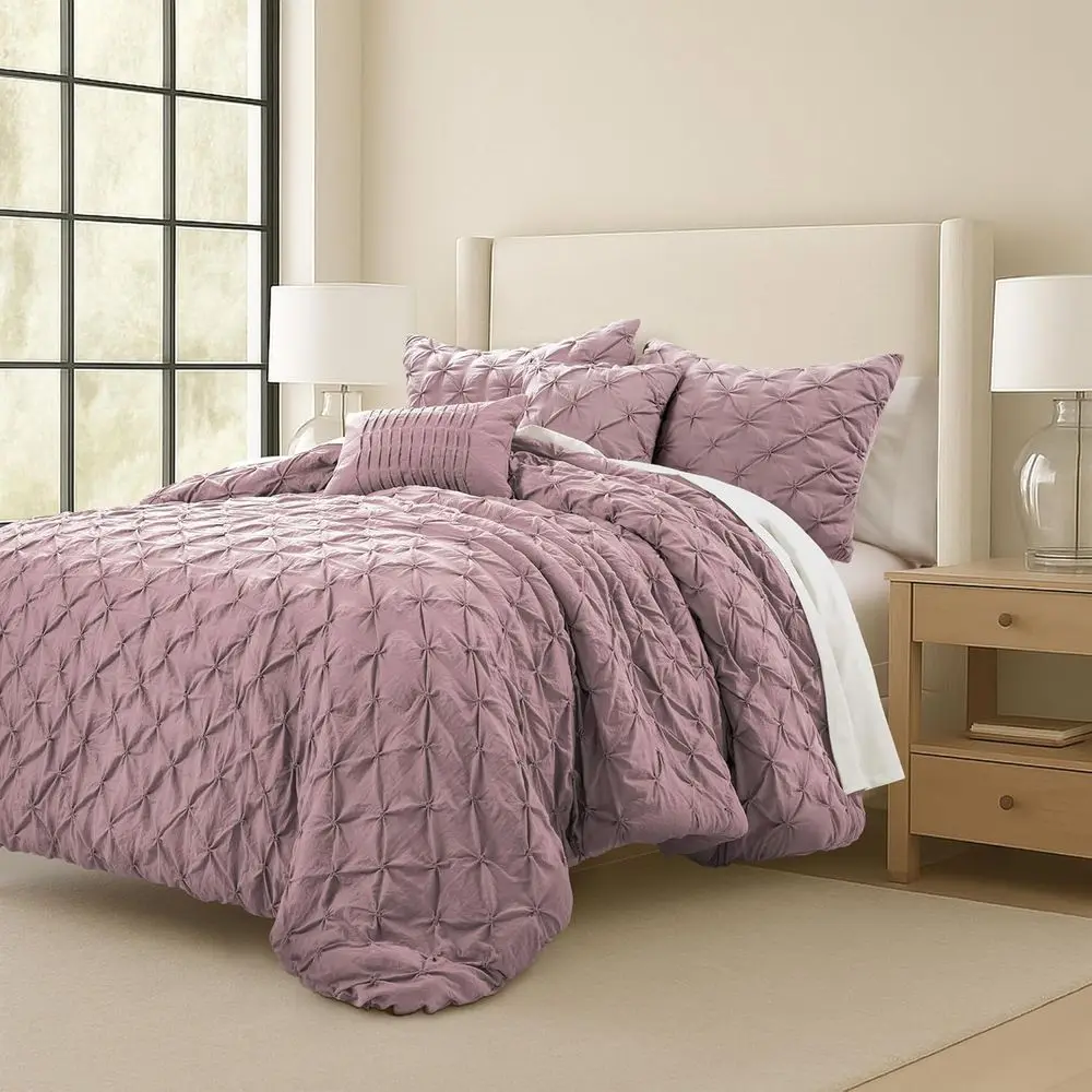 

Pintuck Comforter Queen Size 5 Piece Set, Woodrose - Plush Bedding Set Queen Comforter Sets, Warmhouse Bedding