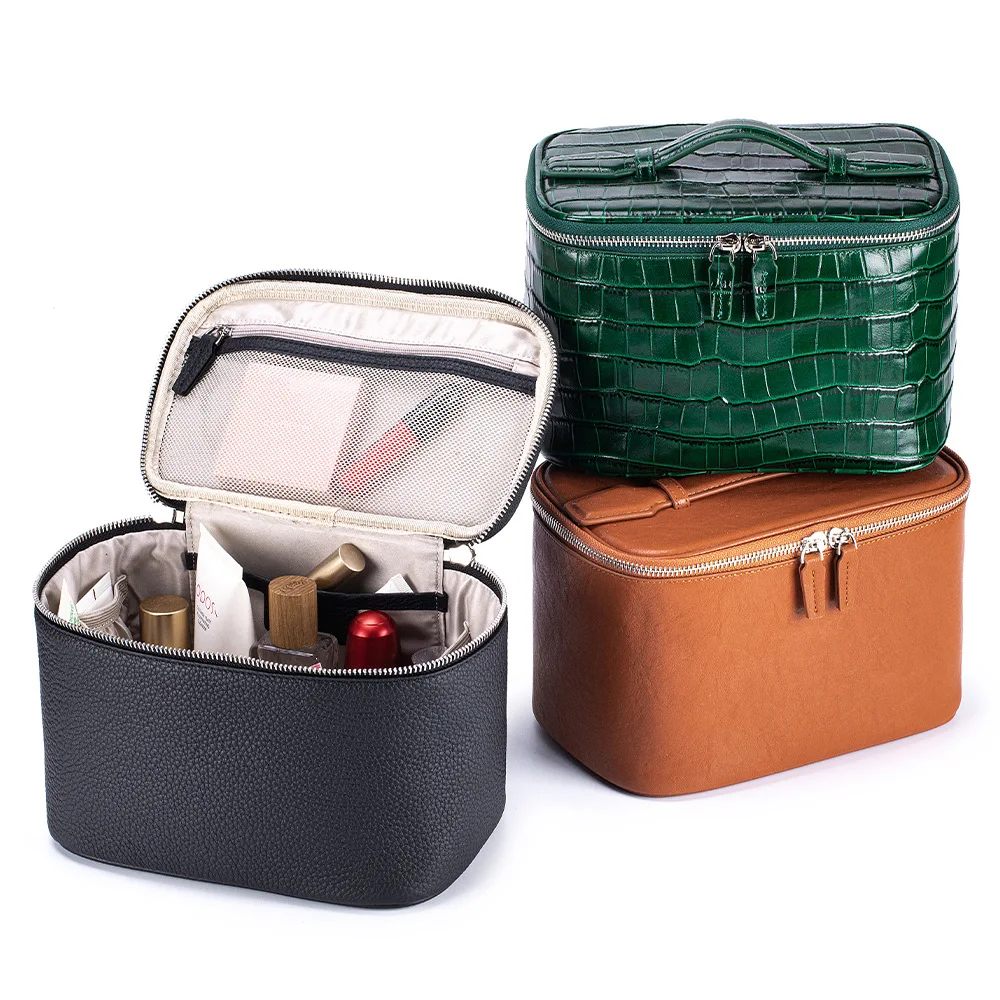 Alirattan 2026 New Real Leather Makeup Bag Large Capacity Storage Bag Women's Travel Portable Handheld Waterproof Toiletry Bag