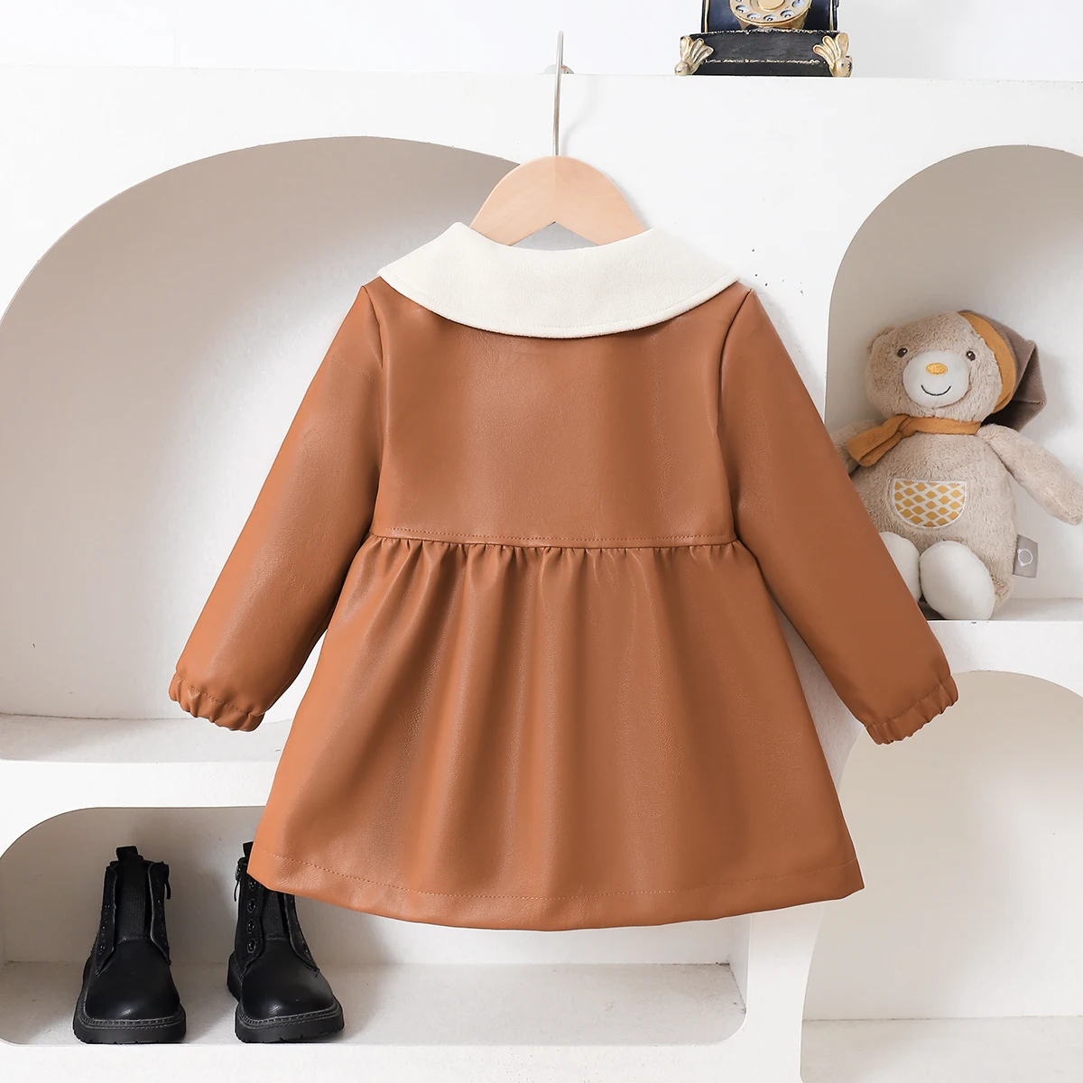 Girls PU Leather Jacket Spring Autumn Contrast Color Collar Midi Length Faux Leather Windbreaker for Babies
