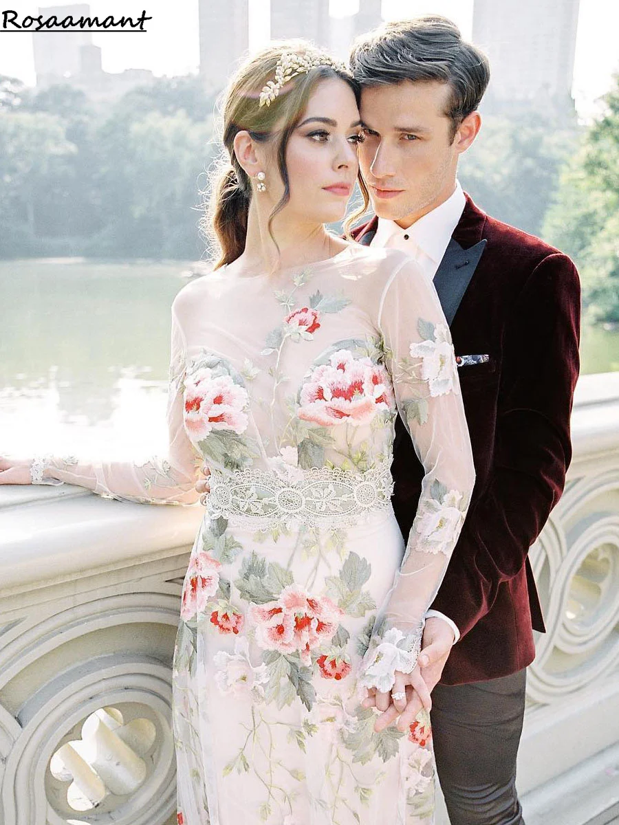 Colorful Floral  Wedding Dresses  Appliques Lace Scoop Neck  A-Line  Sweetheart Long Sleeve Bridal Gowns robe de mariée