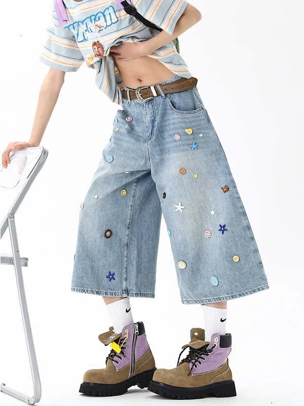 

American Style Dopaamine Button Seven-Quarter Loose Straight Leg Wide Leg Jeans Women Summer High Waist Denim Pants