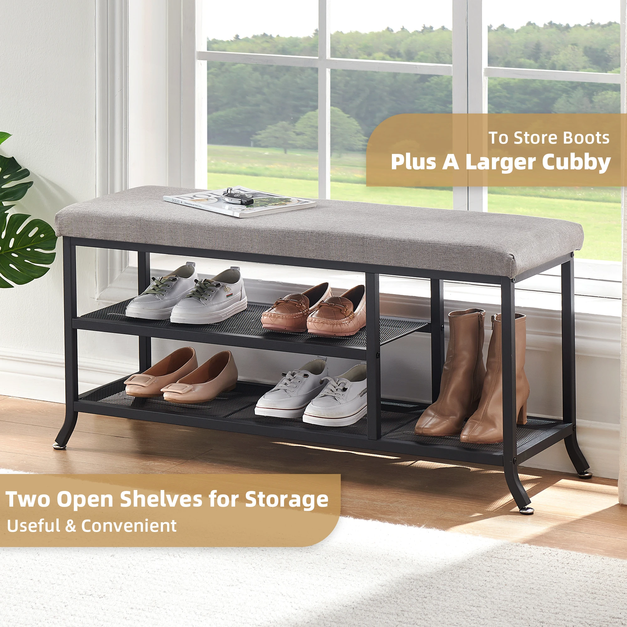 

Shoe Storage Bench with Padded Seat, Shoe Rack Bench for Entryway, Shoe Storage Shelf with Metal Frame, 2-Tier Shoe Organizer