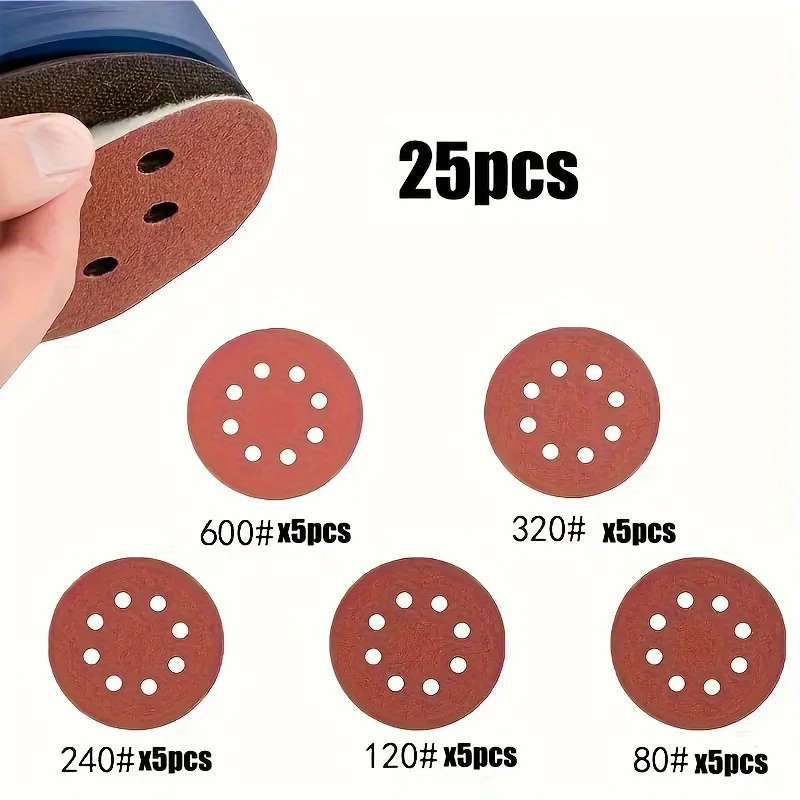 25 stuks 5 inch 8-gaats klittenbandschuurpapier - medium korrel hout aluminiumoxide schuurpapier, geschikt voor schijfschuren