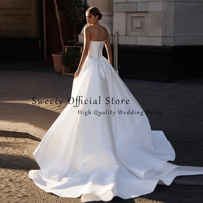 Luxury Wedding Dress Soft Satin With Sequins Slit A Line Ball Gown Strapless Bridal Gowns Back Button Vestido De Novia Elegant