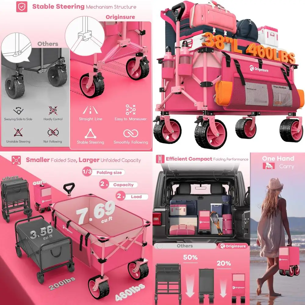

Сверхпрочная складная тележка для пляжа, кемпинга, спорта - грузоподъемность 460 фунтов, колеса для любой местности, розовый цвет