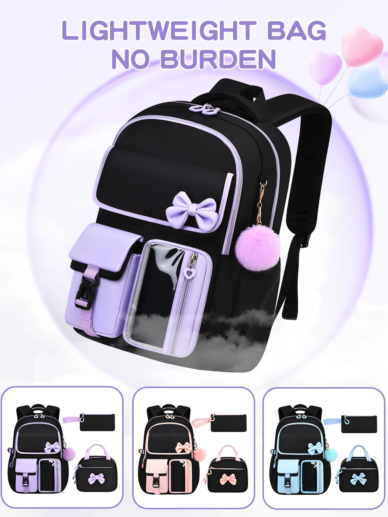 Elementary School Bag Multi-Pocket Girls School Backpack Spine Backpack Waterproof Bow Schoolbags Set For Outdoor Travel Daily