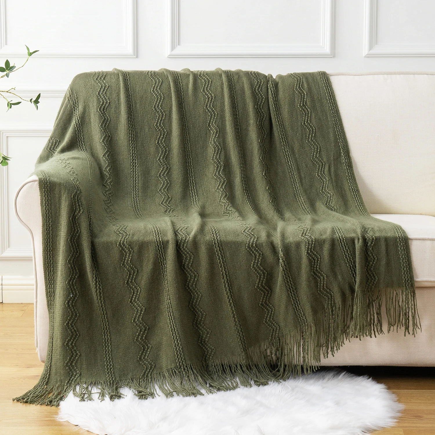 Manta Battilo Verde Oliva para Cama e Sofá, Cobertor de Tricô Xadrez Aconchegante e Leve para Decoração de Sala de Estar na Primavera