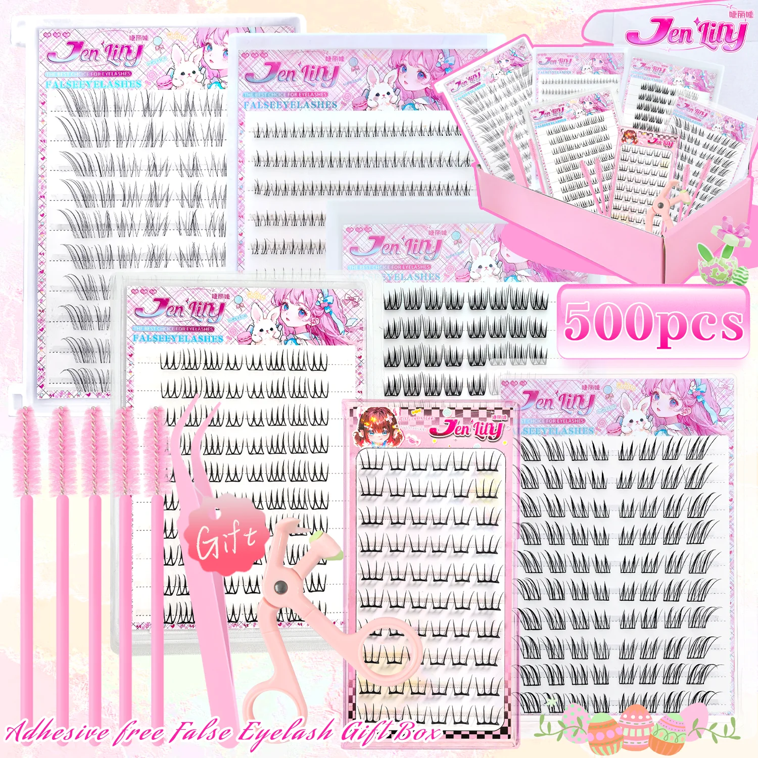 

500PCS Self-Adhesive False Eyelash Gift Box Set 6 Styles Including 5 Upper 1 Lower Lashes Kpop Natural Look Reusable Comfortable