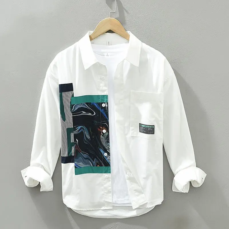 2024 Spring Autumn Men's New Spliced Square Collar Button Pocket Printed Fashion Loose Minimalist Casual Long Sleeve Shirts