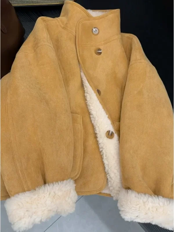 

Двусторонняя одежда, женская куртка из овечьего меха, новинка 202, осенне-зимнее теплое пальто с воротником-стойкой из натуральной кожи и меха