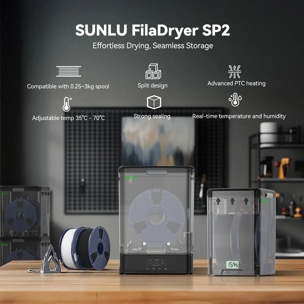 SUNLU Official FilaDryer SP2، مجفف خيوط 2 في 1 يجمع بين صندوق تخزين، متوافق مع حجم البكرة 1 كجم × 2 أو 2 كجم × 1 أو 3 كجم × 1