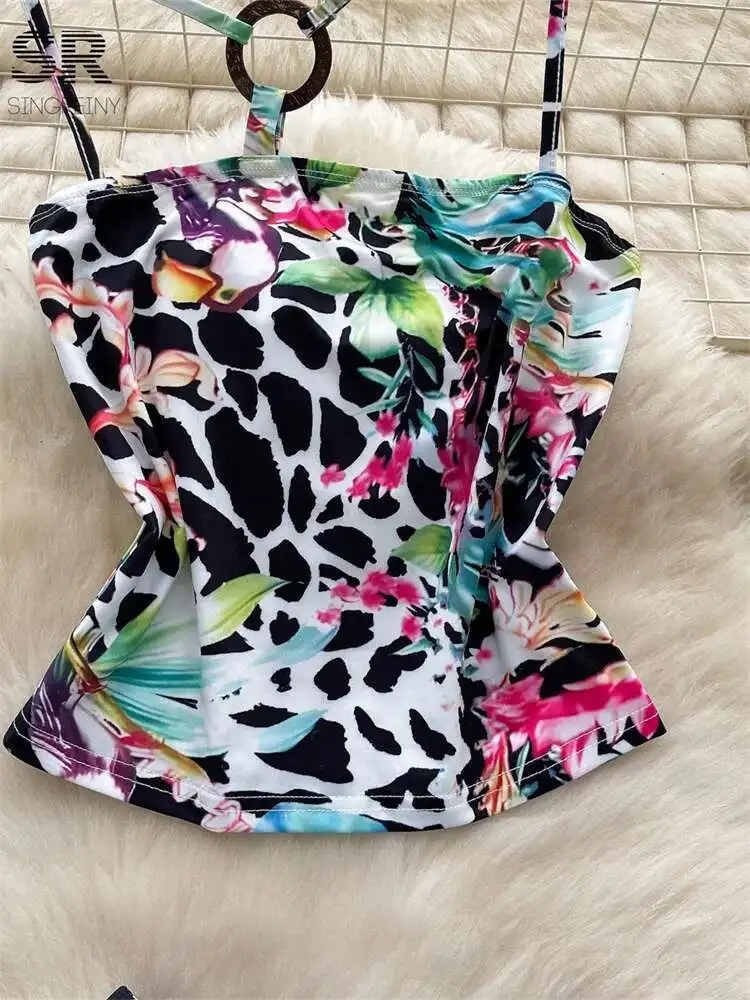 

BabYoung Print Vacation Two Piece Sets Women Circle Buckle Halter Camisole+Skinny Shorts Summer Backless Beachwear Sexy Suits