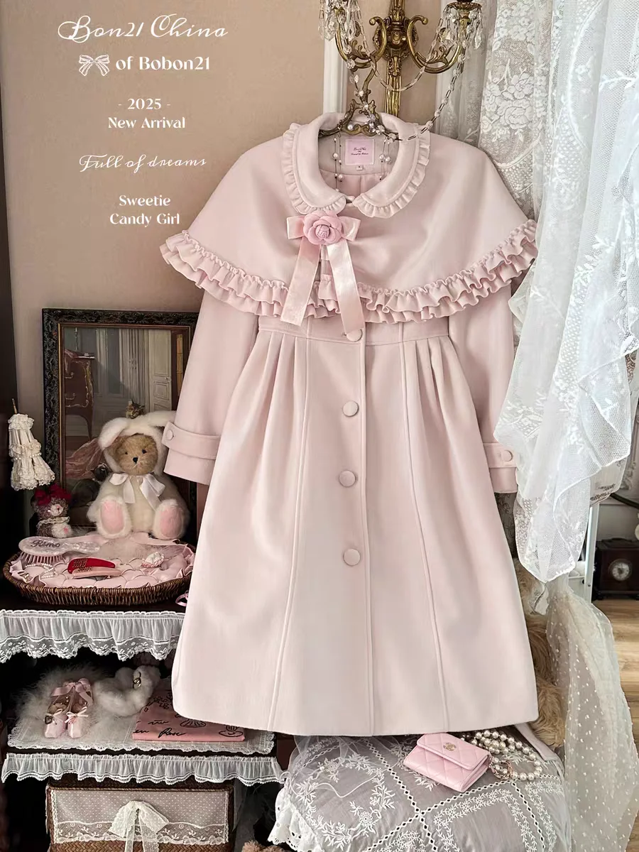 Princess sweet lolita coat bobon21 Bow lace Australian woolen cloak long coat C2438