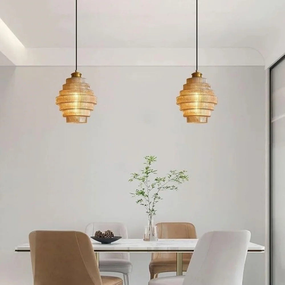 Kitchen Island Stripes Glass Pendant Light Hand-Blown Art Fixtures Restaurant Farmhouse Adjustable Hanging Lamp Dining Room