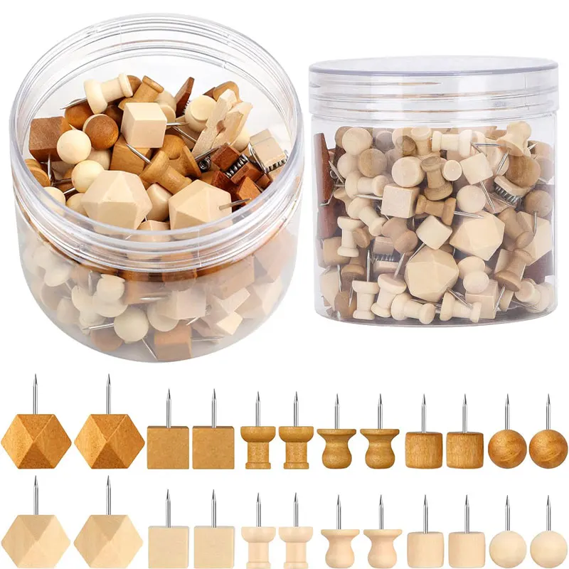 50/100Pcs Wood Push Pins with Box Wooden Thumb Tacks Decor Standard Pin Steel Point for Cork Boards Map Photos Home Office Craft