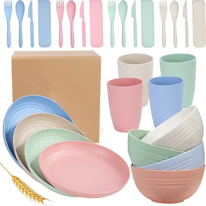 Wheat straw 24 piece set of bowls, dishes, cups, spoons, chopsticks, tableware set