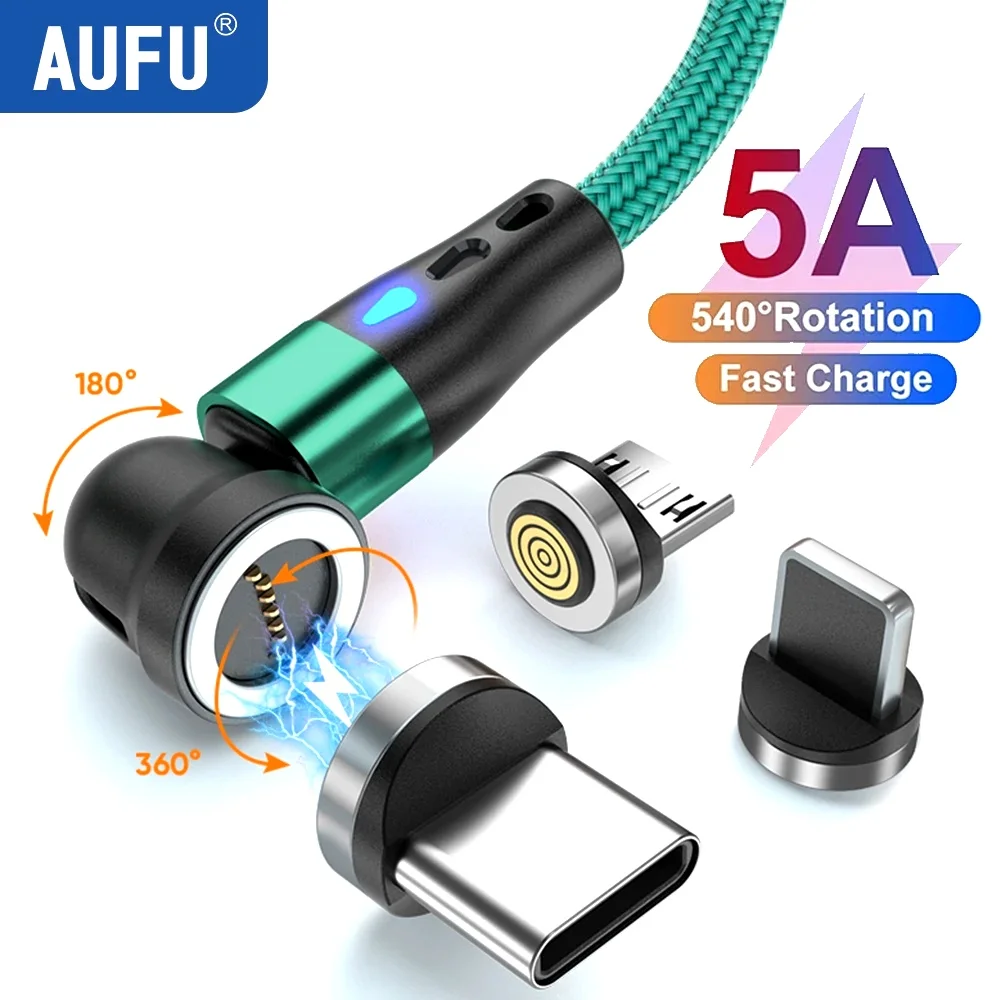AUFU 5A Magnetic Fast Charging Cable 540 Rotate Magnetic Micro USB Type C Cable For iPhone 14 Samsung Xiaomi Mobile Phone Cable