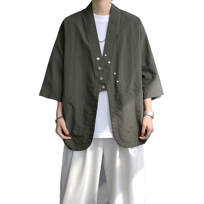 

Men's Solid Color Shirt Summer Fashion Trendy Loose High Street Ice Silk 3/4 Sleeve Top Daily Commuter Streetwear Urban Casual