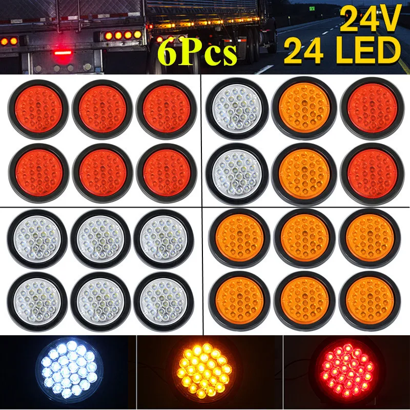 

6Pcs 24V 24 LED Rear Tail Brake Stop Marker Lights Indicator Car Truck Trailer Round Reflector Warning Lamps Red Yellow White