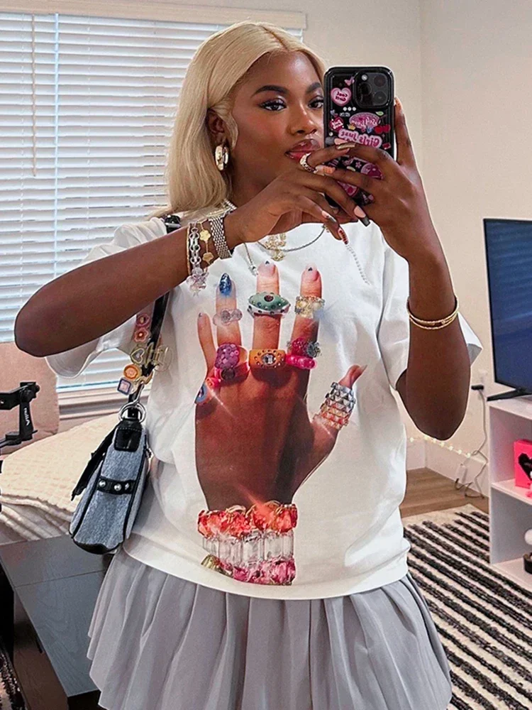 

Leosoxs Masonry Hands Print t-Shirt Women Shorts Sleeve o-Neck Summer Casual Fashion Daily Wild Streetwear Loose Simple Tees