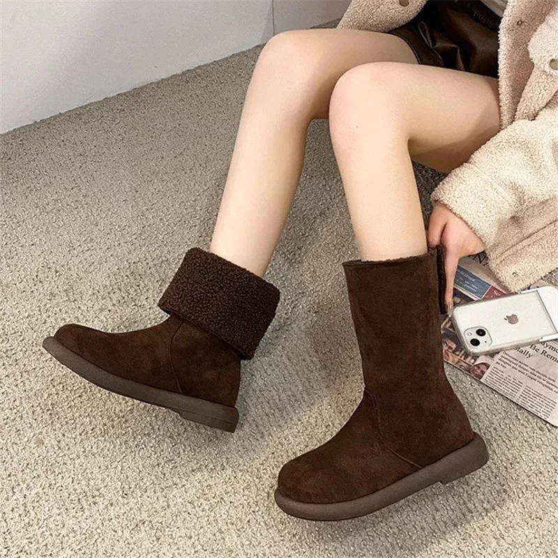 Suede Fur Flats Women Ankle Snow Boots Winter Warm Short Plush Women Shoes New 2024 Fashion Designer Chelsea Boots Femme Zapatos