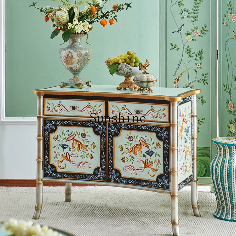 

French retro solid wood dining side cabinet luxury art hand-painted small entrance decorative cabinet classical blue
