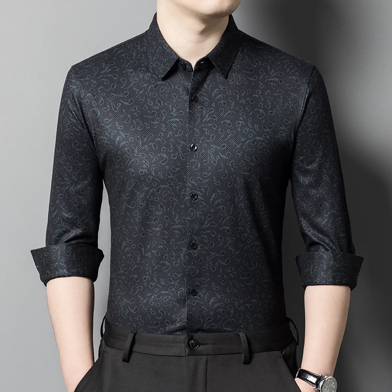 Skin-Friendly Print Long Sleeve Shirts For Men Exquisite Luxury Autumn Quality Wool 3.8% Ccashmere 3.6% Casual Camisas De Hombre