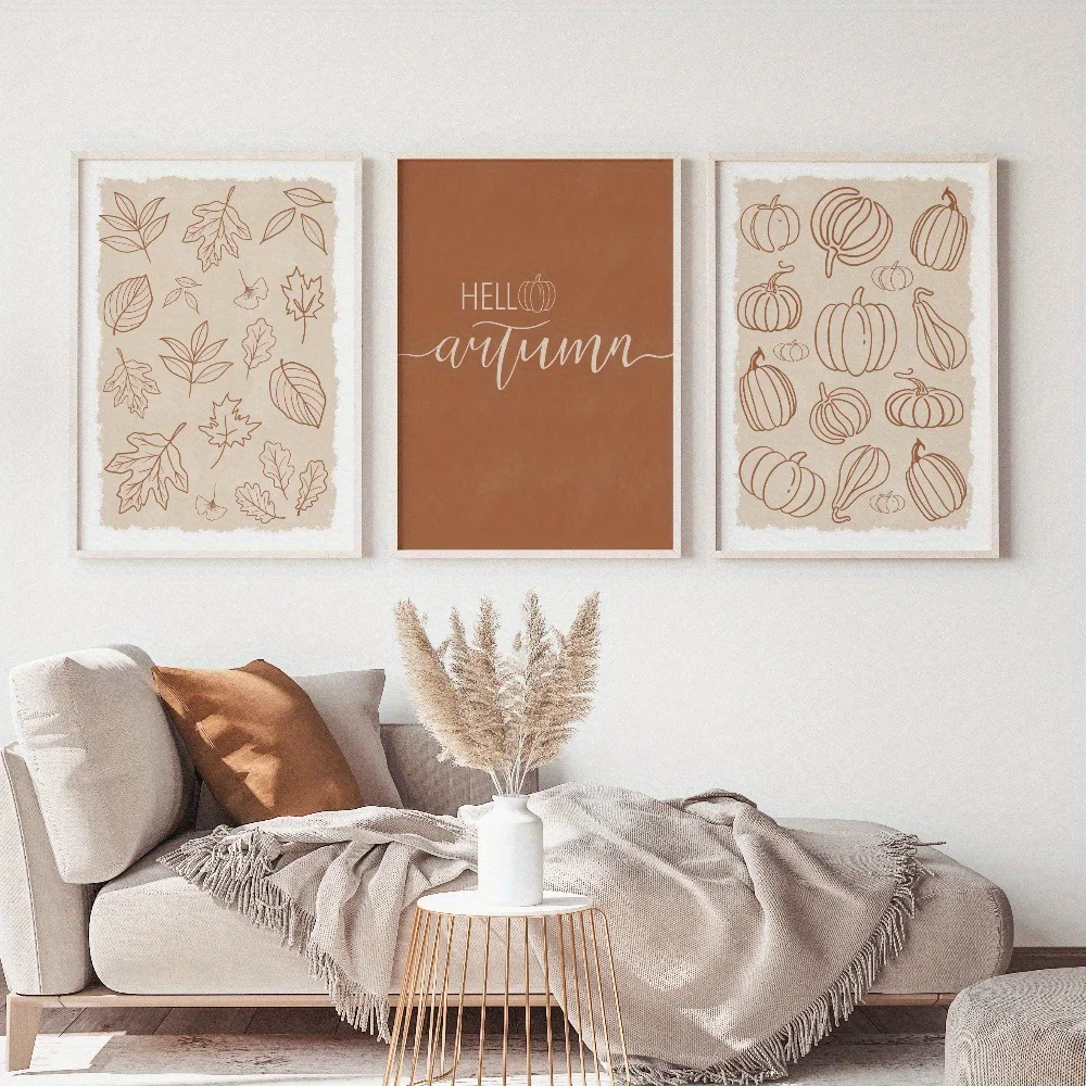 Orange Hello Autumn Poster Autumn Leaf Printing Fall Pumpkin Decoration Gift Poster Suitable for Room and Bedroom Decoration