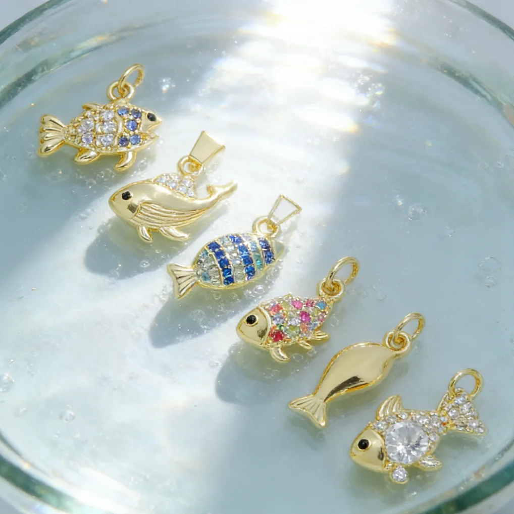 4Pcs Pendant Brass Plated Color Zircon Cute Ocean Animal Fish Whale Charms for Diy Jewelry Necklace Bracelet Making Accessories view 4