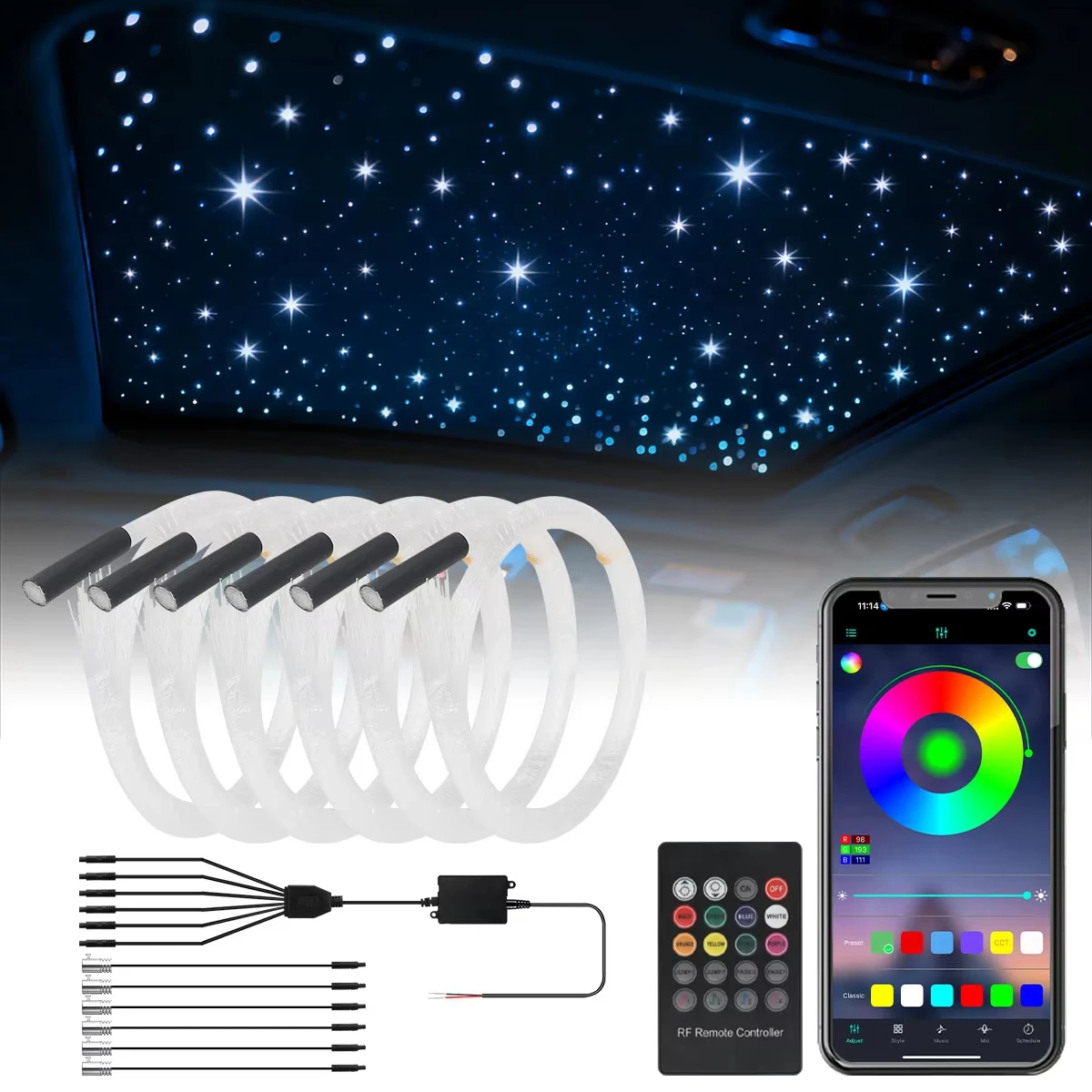 3W Bluetooth APP Smart Phone&Remote Control Fiber Optic Light Engine End Glow Plastics Cable for Engine Car Home DIY Starry Sky