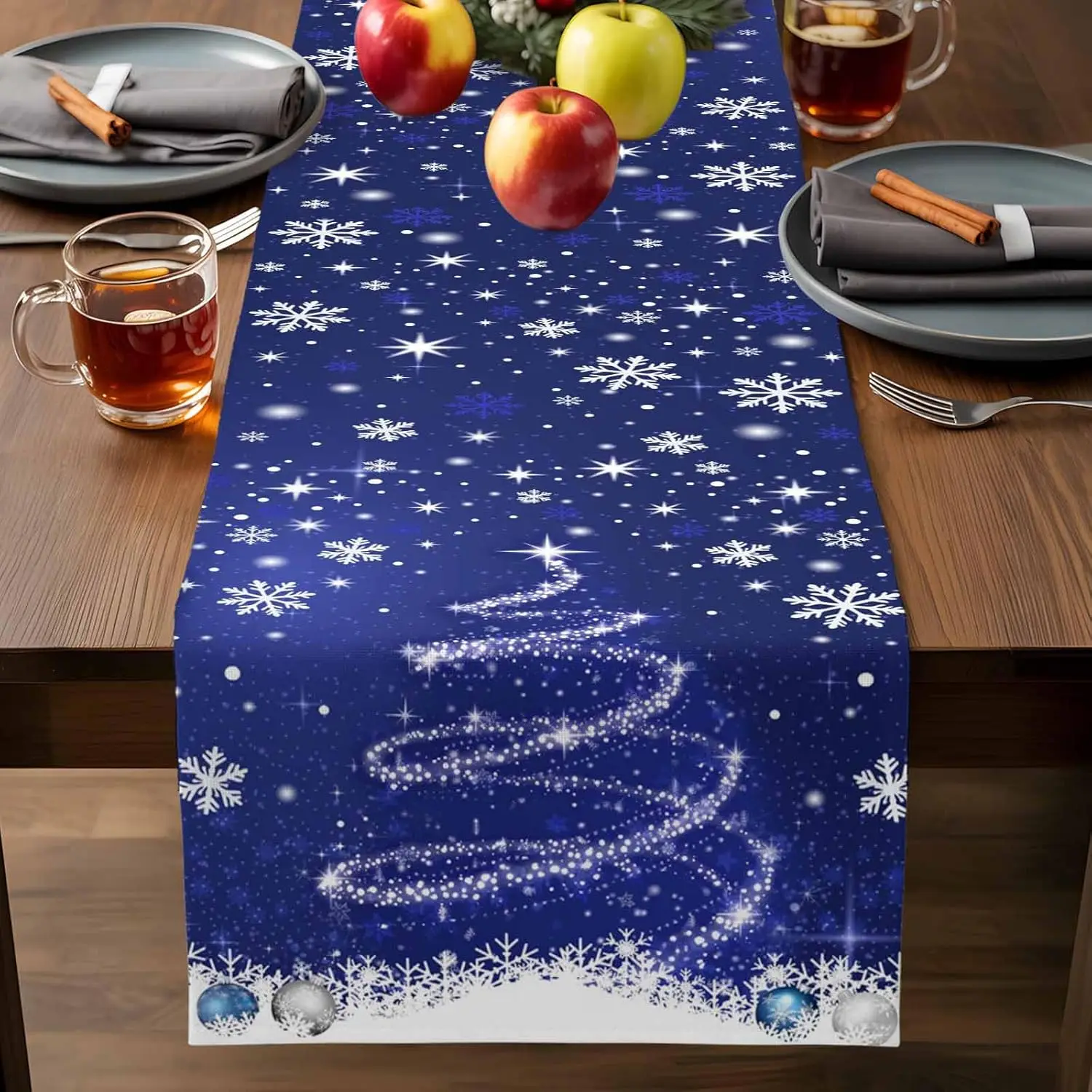 Christmas Snowflake Xmas Tree Navy Blue Linen Table Runners Party Decor Winter Kitchen Dining Table Runner Christmas Decorations