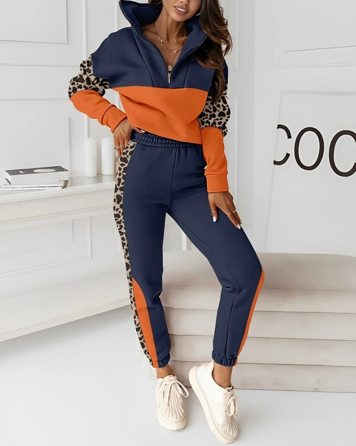 casual Two Piece Sets Outfit Tracksuit 2024 autumn Colorblock Leopard Print patch  Zipper Design Sweatshirt & Sweatpants Set