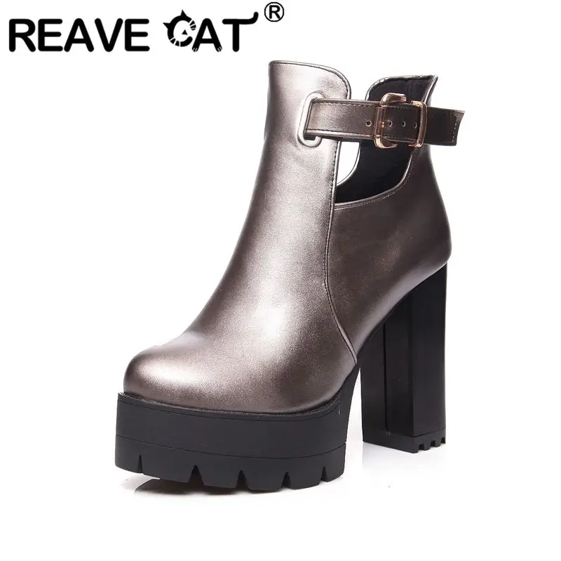 REAVE CAT Pink Women Ankle Boots Round Toe 11.5cm Block Heel 4cm Platform Buckle Strap Plus Size 41 42 43 Sexy Dating Short Bota