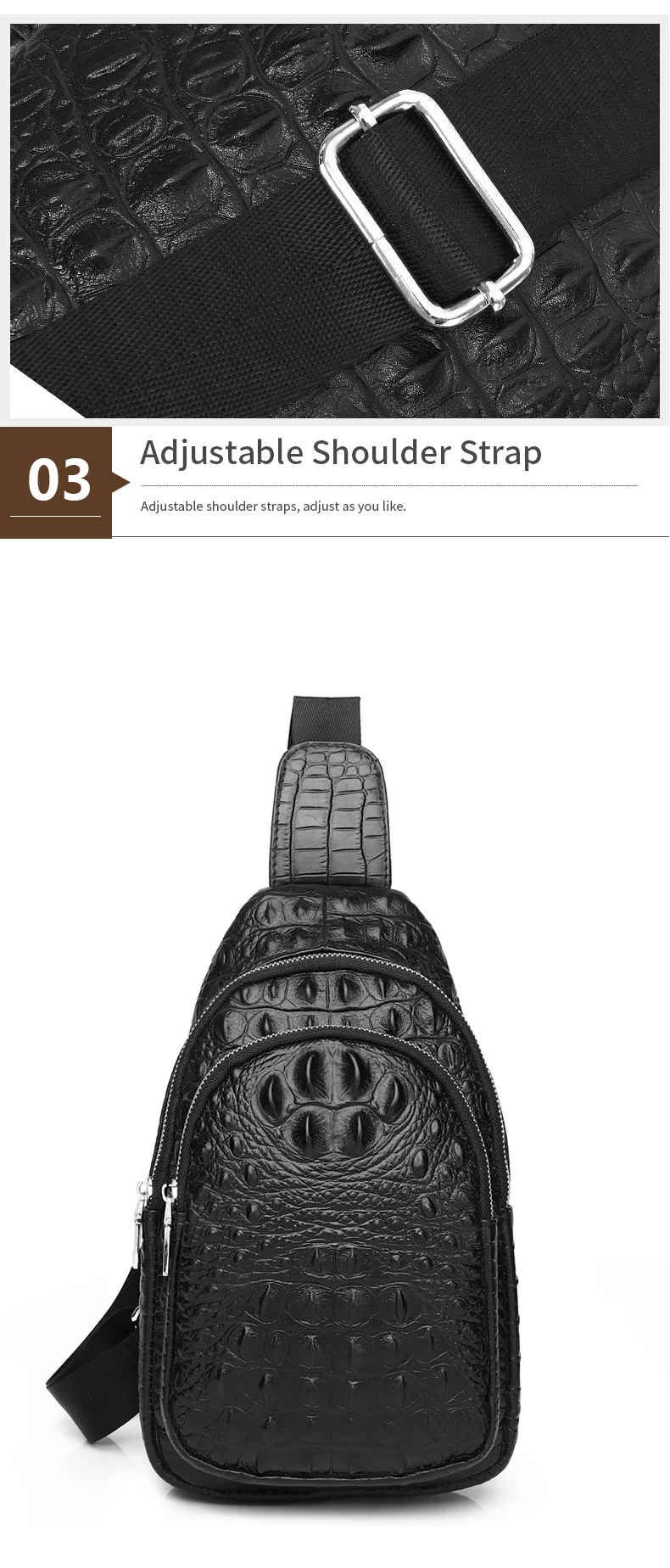 Schlatum 100% Rindsleder Männer Krokodil Narben Mode schwarz multifunktion ale Leder Brusttasche – Detail 7
