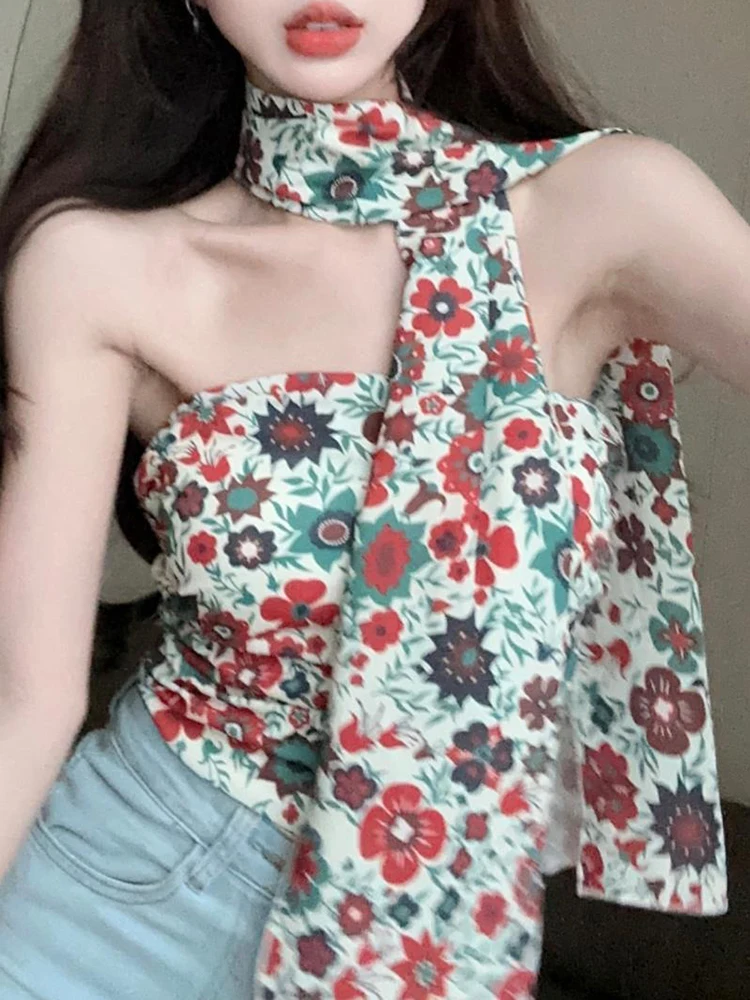 One shoulder Thai vacation style ribbon floral sexy strapless vest for women pure desire tea art sweet spicy girl short top