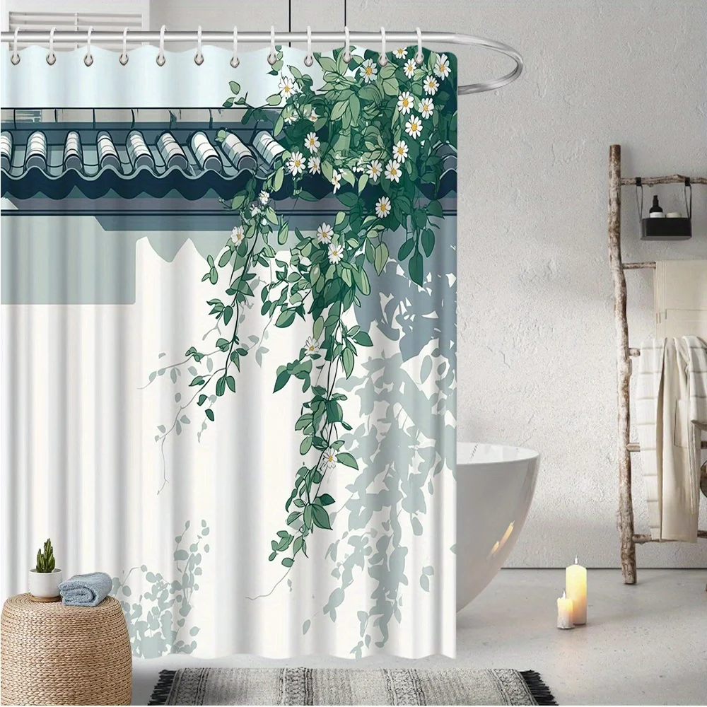 Japanese-Style Roof & Vine Shower Curtain, Minimalist Tiled Roof with Green Vines & Daisies,Off-White Background, Bathroom Decor