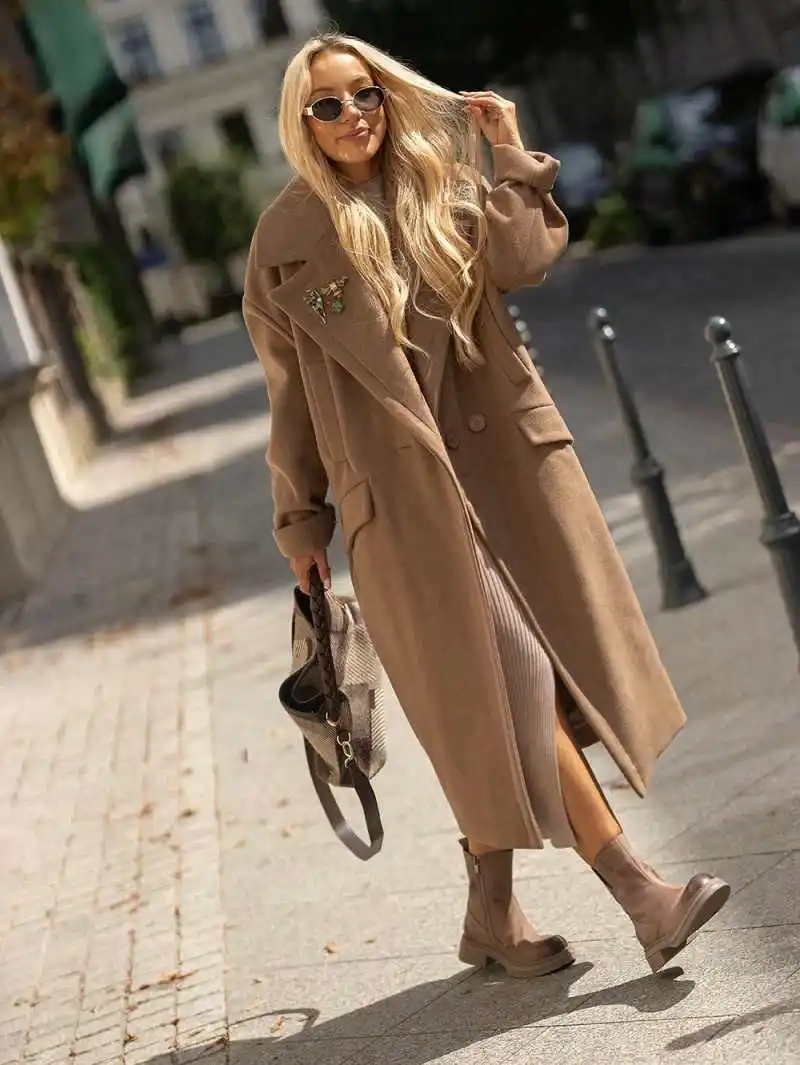 Vintage Women's Wool Blend Coat Autumn Winter Notch Collar Double Breasted Solid Loose Commute Jacket Coat Customized